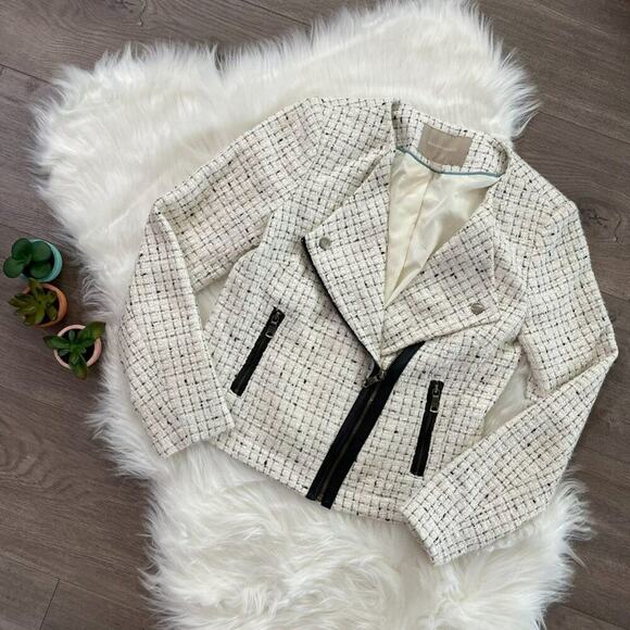Banana Republic Ivory Tweed Boucle Motorcycle Jacket 00 Petite - Picture 1 of 9